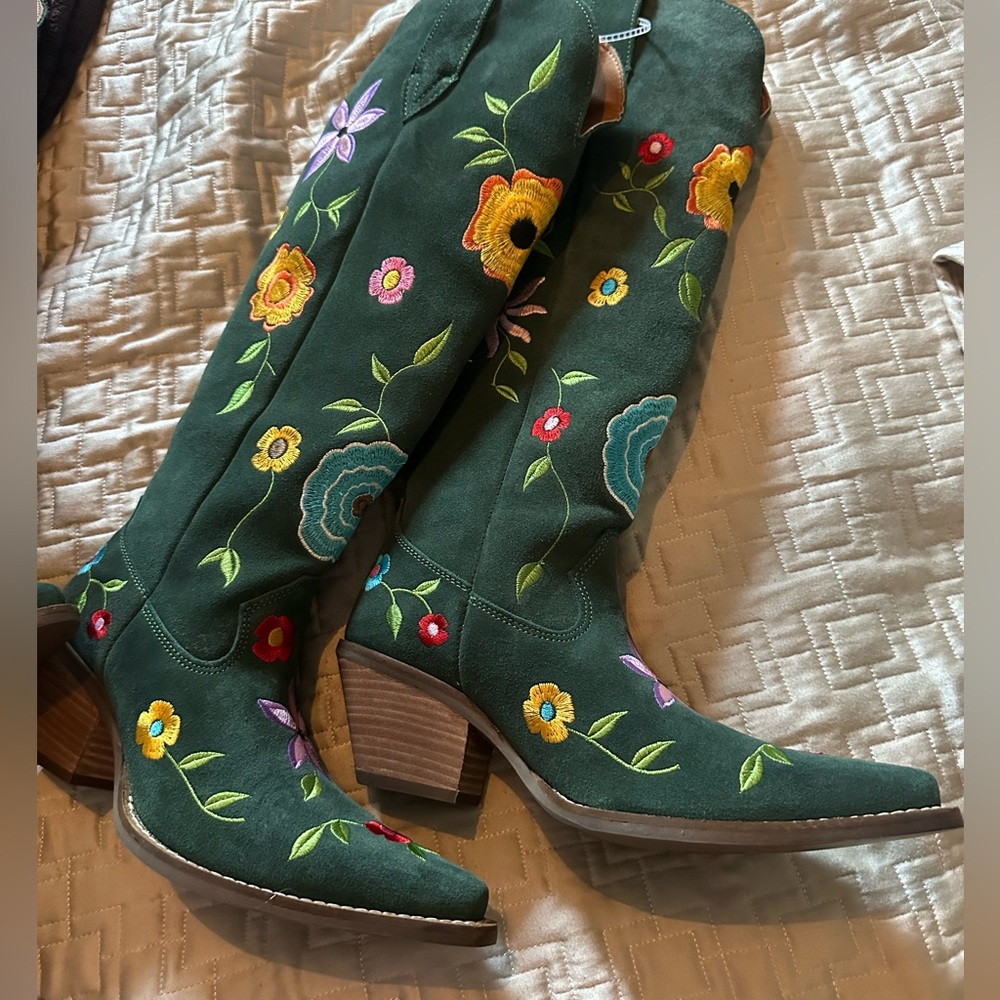 DINGO Women’s Flower Power Suede Tall Western Boots in Green - Picture 2 of 6